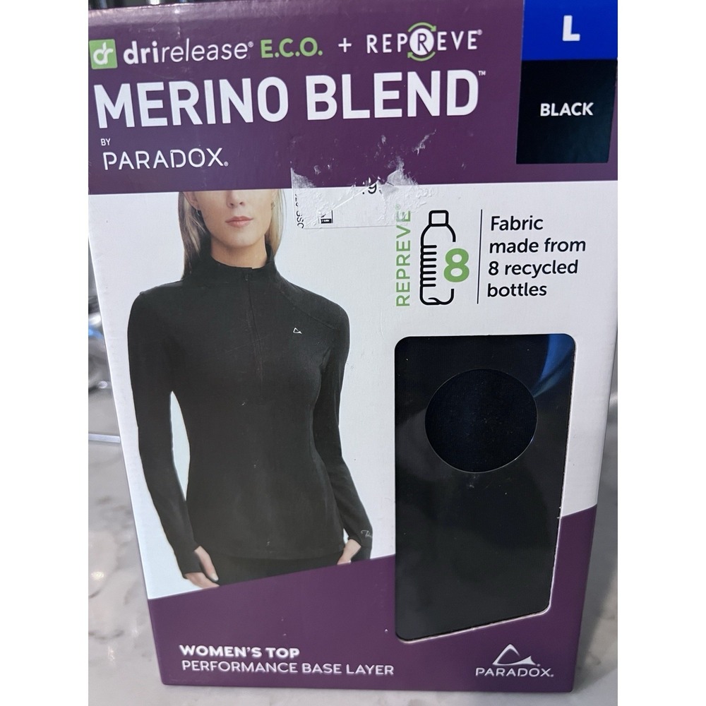 Paradox Womens Merino Blend 1/4 Zip Base Layer Top Black Large REPREVE Eco - Picture 9 of 10